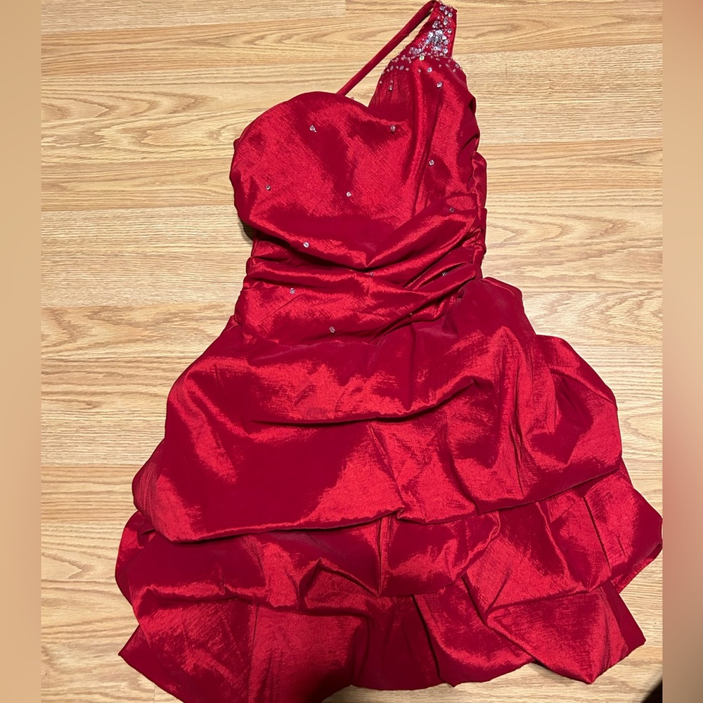 Red asymmetrical hoco dress